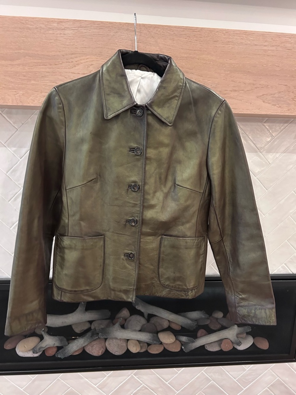 JCrew Collection Lustre Olive Green Leather Jacket S Small
